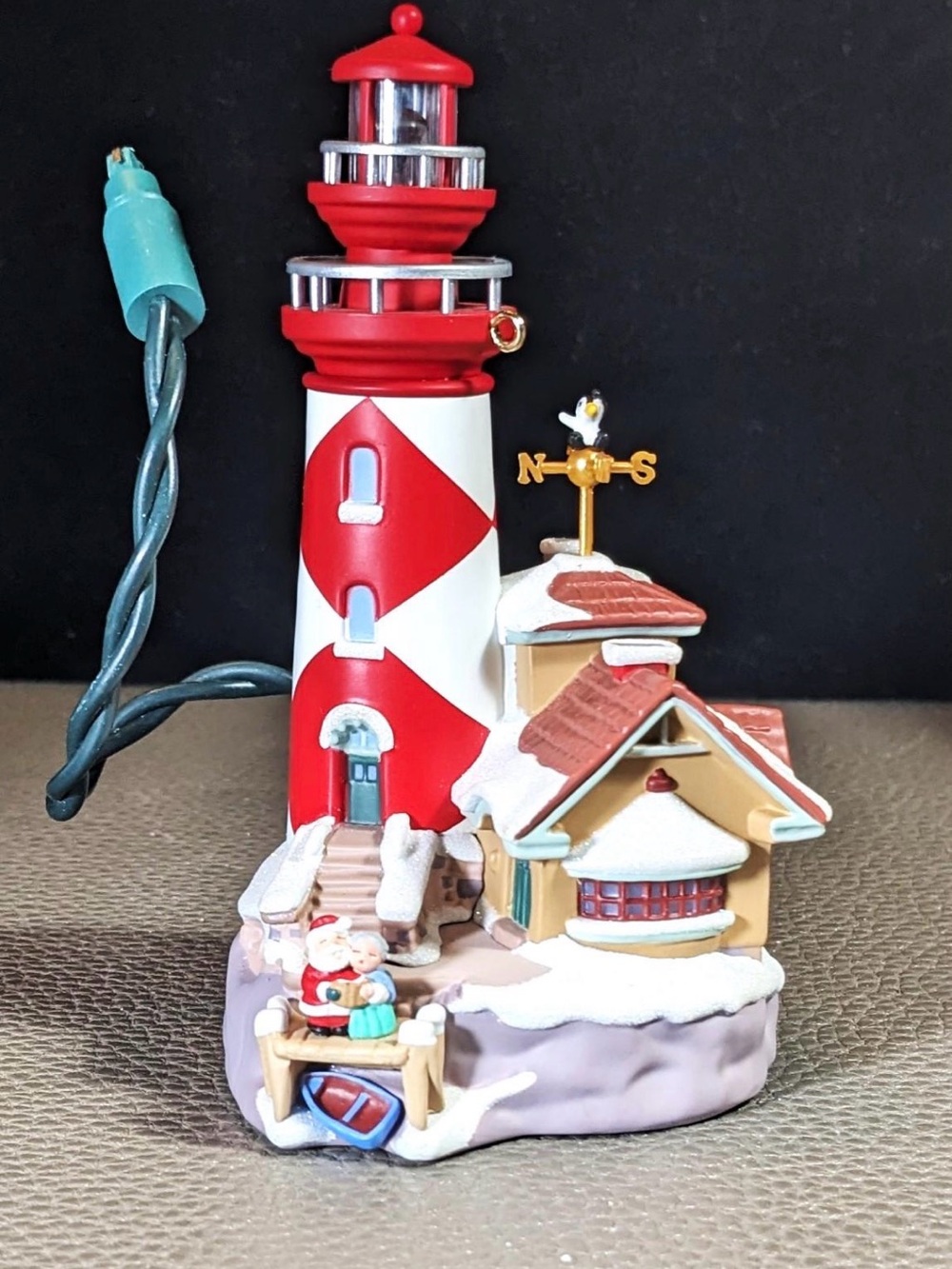 Holiday Lighthouse Ornament with Santa Cottage - Red & White